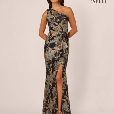 Adrianna Papell Blue One Shoulder Jacquard Dress