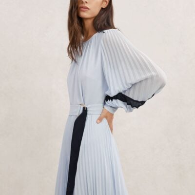 Reiss Blue/Navy Tori Colour-Block Pleated Midi Dress