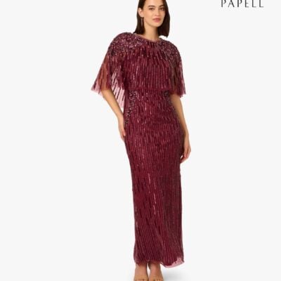 Adrianna Papell Red Red Cape Bead Long Dress