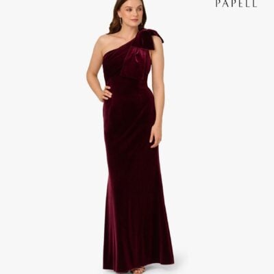 Adrianna Papell Red Velvet One Shoulder Gown
