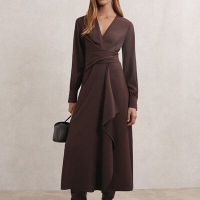 Reiss Burgundy Mira Wrap-Front Drape Midi Dress with Wool