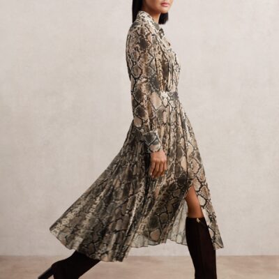 Reiss Neutral Annika Snake-Print Pleated Midi Dress
