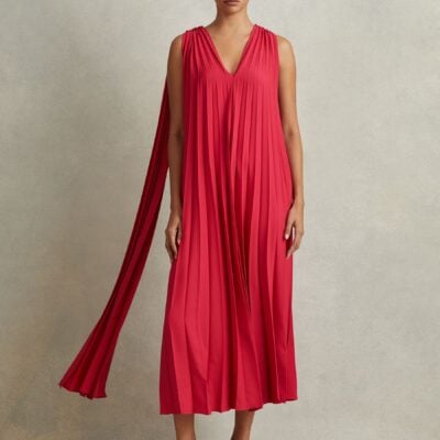 Reiss Coral Loreli Pleated Cape Sleeve Midi Dress
