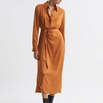 Reiss Rust Arabella Satin Shirt-Style Midi Dress