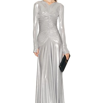 Norma Kamali Long Sleeve V Neck Shirred Front Flared Gown
