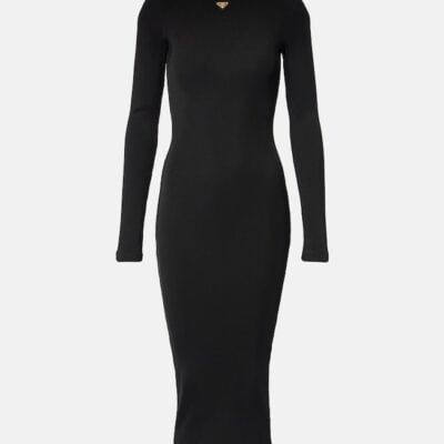Prada Logo Ribbed-Knit Midi Dress