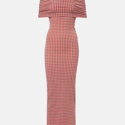 Alaïa Gingham Off-Shoulder Maxi Dress