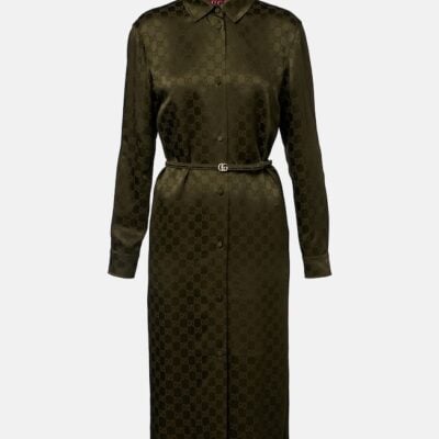 Gucci Gg Belted Satin Jacquard Shirt Dress