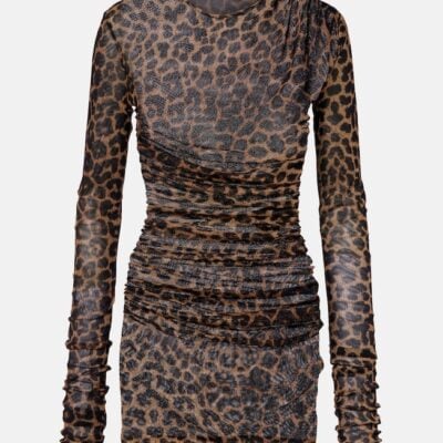 Saint Laurent Leopard-Print Ruched Tulle Minidress