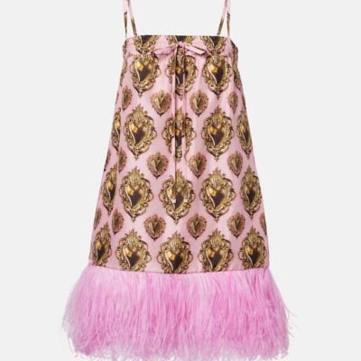 Dolce&Gabbana Feather-Trimmed Printed Silk Minidress