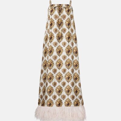 Dolce&Gabbana Feather-Trimmed Printed Silk Maxi Dress