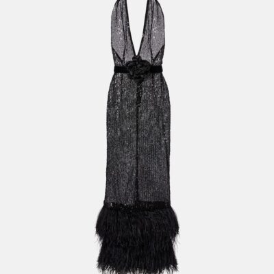 Dolce&Gabbana Feather-Trimmed Sequined Sheer Gown