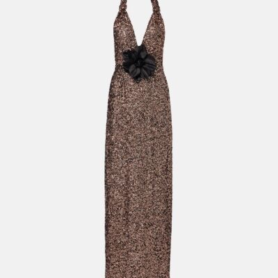 Dolce&Gabbana Floral-Appliqué Sequined Halterneck Gown