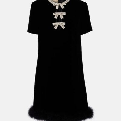 Valentino Embellished Feather-Trimmed Velvet Minidress