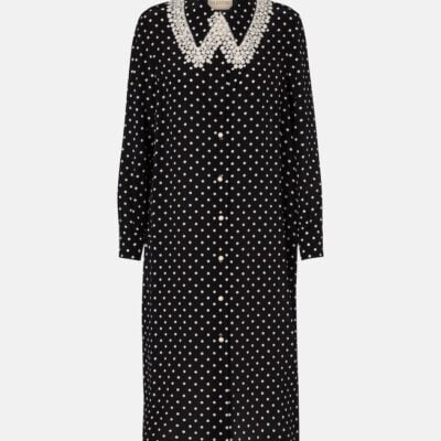 Valentino Polka-Dot Lace-Trimmed Silk Shirt Dress