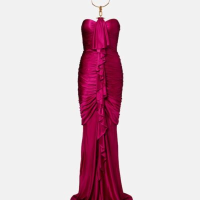 Balmain Draped Ruffled Satin Bustier Gown