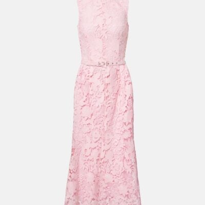 Monique Lhuillier Floral Belted Lace Midi Dress