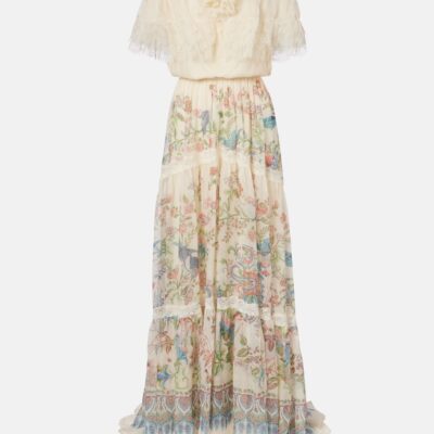 Etro Lace-Trimmed Printed Off-Shoulder Silk Maxi Dress
