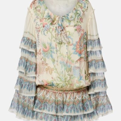 Etro Printed Ruffled Lace-Trimmed Silk Minidress