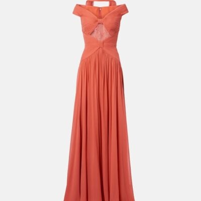 Elie Saab Gathered Lace-Trimmed Silk Gown
