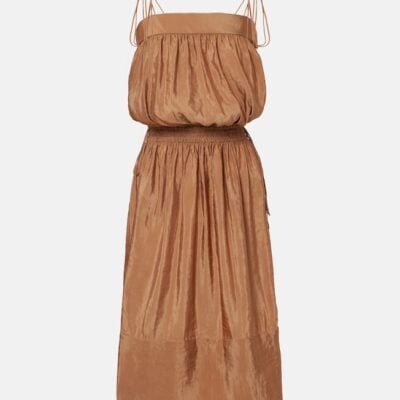 Saint Laurent Shirred Chiffon Satin Midi Dress