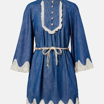 Zimmermann Awaken Belted Lace-Trimmed Denim Minidress