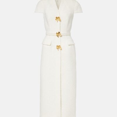 Oscar De La Renta Embellished Belted Tweed Midi Dress