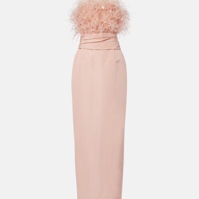 Oscar De La Renta Feather-Trimmed Silk Faille Bustier Gown