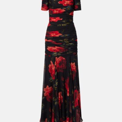 Carolina Herrera Floral Ruched Off-Shoulder Silk Chiffon Gown
