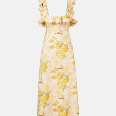 Zimmermann Como Floral Ruffled Linen Midi Dress