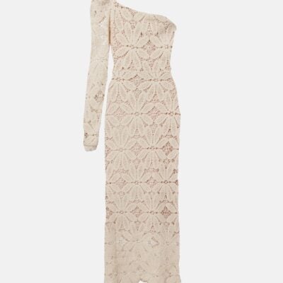 Farm Rio One-Shoulder Floral Crochet Cotton Midi Dress