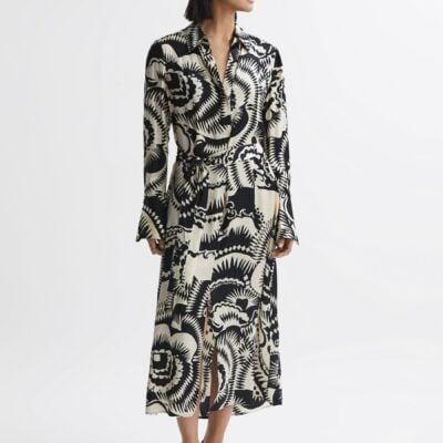 Reiss Black/White Tilly Printed Long Sleeve Midi Dress