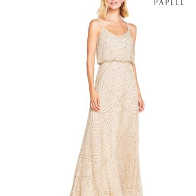 Adrianna Papell Natural Blouson Beaded Gown