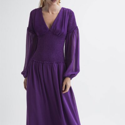 Florere Plunge Neck Shirred Maxi Dress