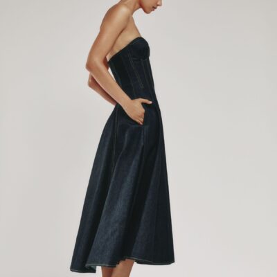 Reiss Indigo Blue Rosa Strapless Structured Denim Midi Dress