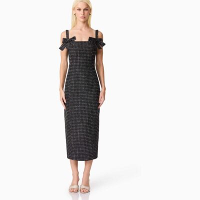 Elliatt Black Alia Fitted Tweed Bow Midi Dress