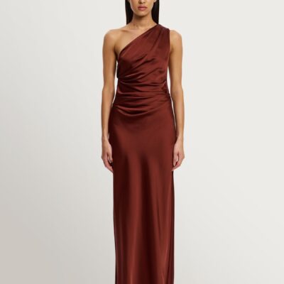 Significant Other Brown Angela Satin One Shoulder Maxi Dress