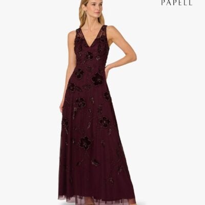 Adrianna Papell Purple Bead Velvet Flower Long Dress