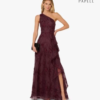 Adrianna Papell Purple Embroidered Ruffle Gown