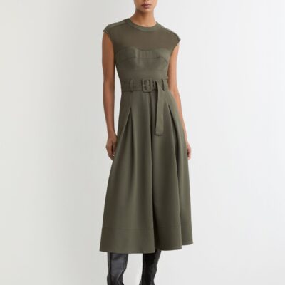Reiss Khaki Green Ava Petite Mesh-Panel Belted Pleated Midi Dress