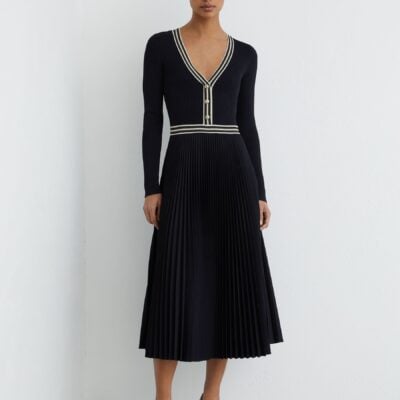 Reiss Navy Gaia Rib-Knit Stripe-Trim Pleated Midi Dress