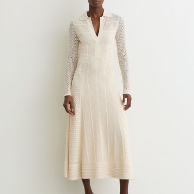 Reiss Cream Lindy Pointelle-Knit Panelled Midi Dress