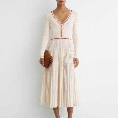 Reiss Pale Yellow Gaia Rib-Knit Stripe-Trim Pleated Midi Dress