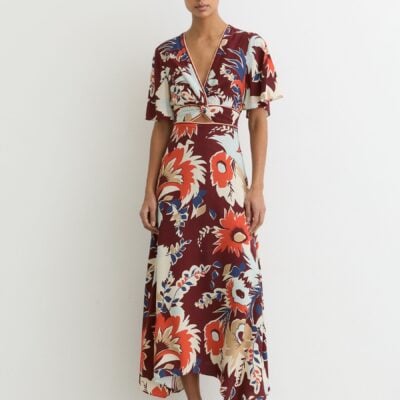 Reiss Burgundy Asha Floral-Print Cut-Out Midi Dress