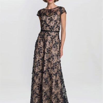 Gina Bacconi Nude Keira 3D Flower Maxi Dress