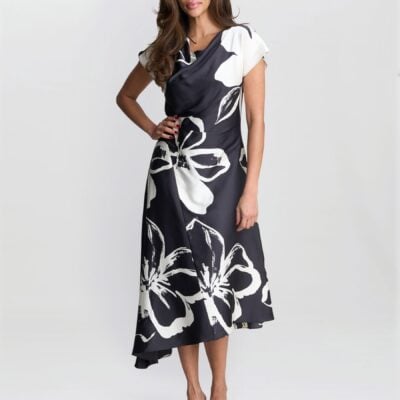 Gina Bacconi Black Maude Floral Print Asymmetrical Midi Dress