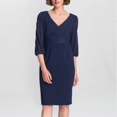 Gina Bacconi Blue Britney Metallic Pleated Bodic Dress