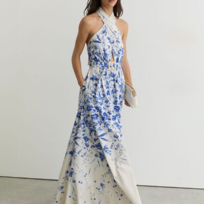 Reiss Ivory/Blue Amaya Cotton Floral-Print Belted Maxi Dress with Stretch