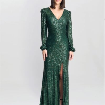 Gina Bacconi Green Alison Sequn V-Neck Maxi Dress
