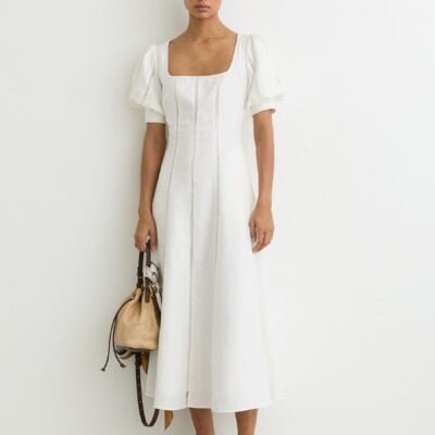 Reiss Ivory Riva Linen Puff-Sleeve Embroidered Midi Dress